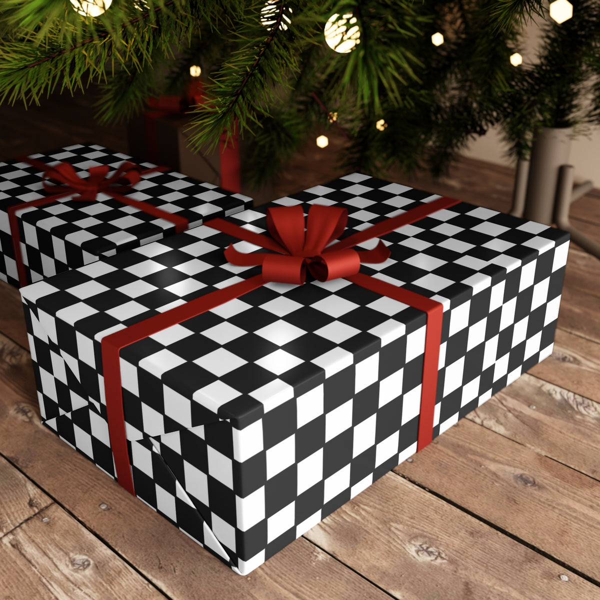 Perfect Christmas. Checkerboard Gift Wrapping Paper Sheet — Black & White Retro Checker Pattern.