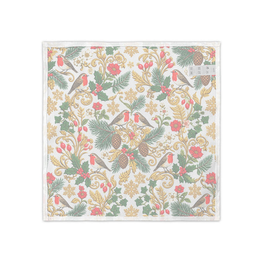 Holiday Robin & Pine Napkins — Set of 4 Christmas Cocktail Napkins