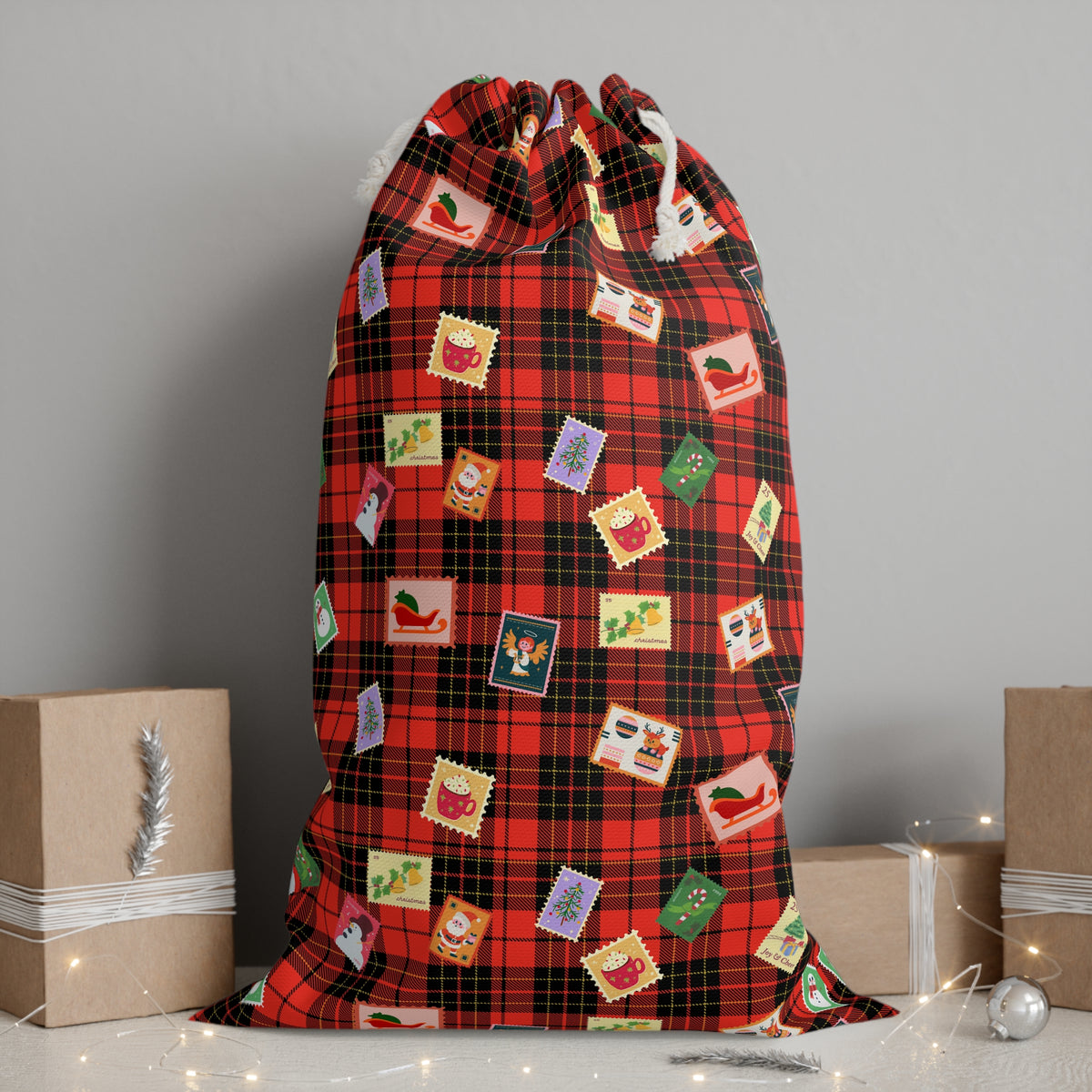 Christmas Gift Sack — Red Plaid Santa Postcard Drawstring Bag