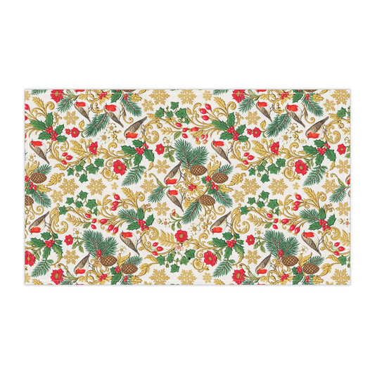 Holiday Botanical Tea Towel — Festive Cardinals, Pine & Gold Floral Kitchen Towel