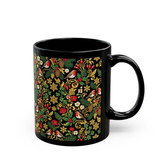 Festive Floral Robin Pattern Mug — Black Holiday Coffee Cup (11oz & 15oz)