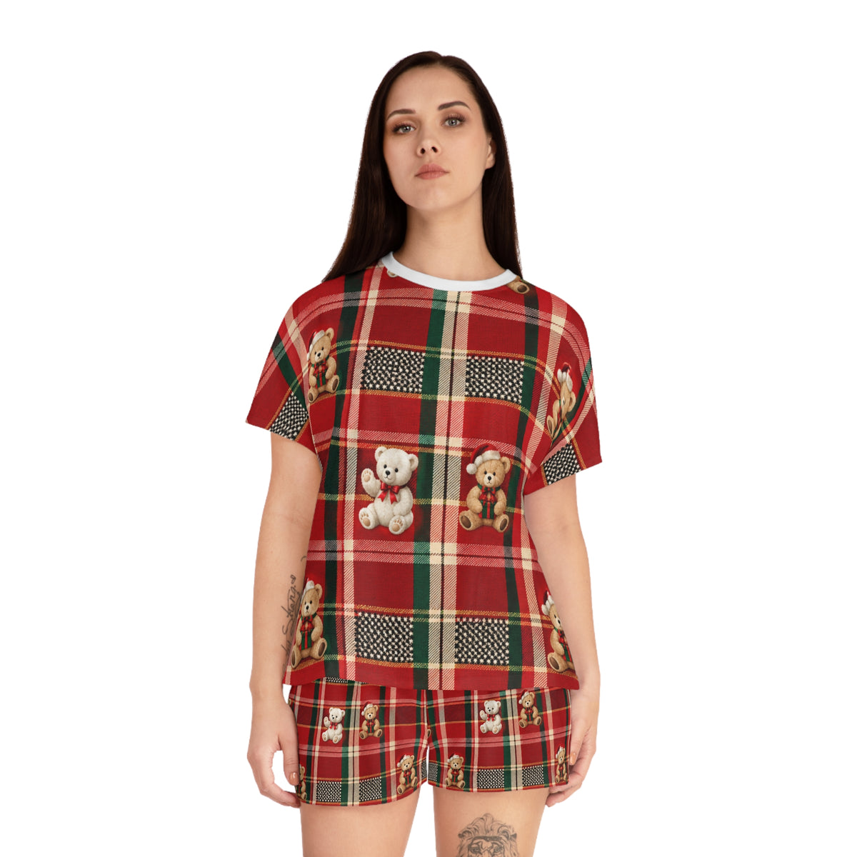 Women's Teddy Bear Plaid Pajama Set — Red Christmas Short Sleepwear