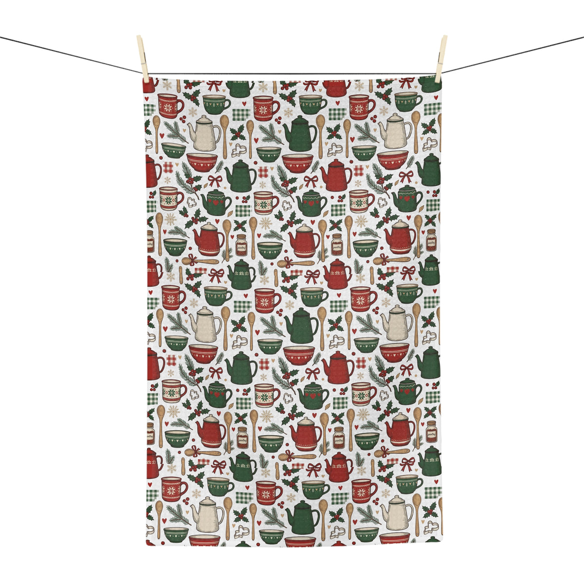Holiday Kitchen Tea Towel — Festive Teapots & Mugs Pattern