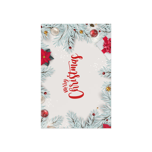 Merry Christmas Fine Art Postcard — Festive Poinsettia & Pine Holiday Card