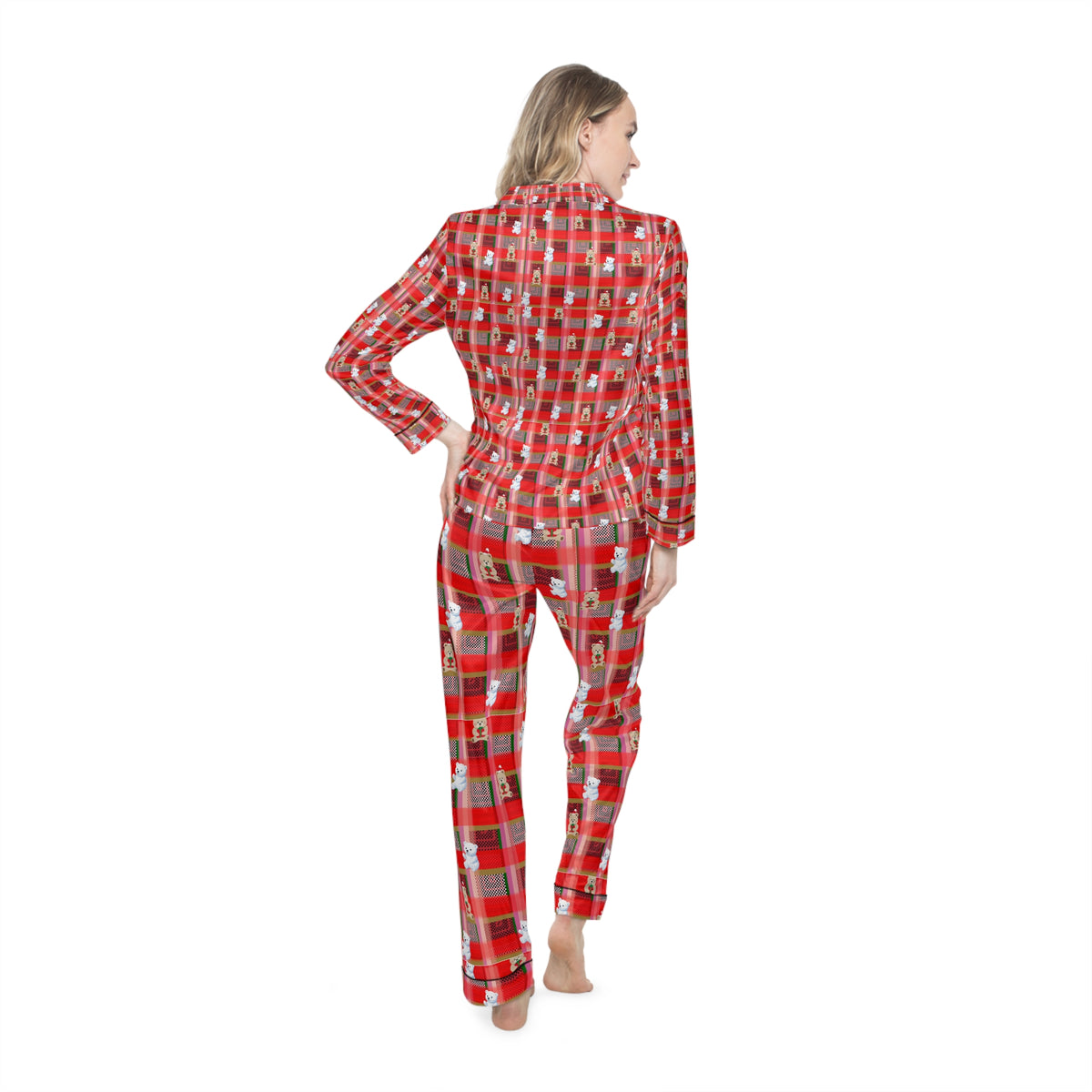 Women's Satin Christmas Plaid Pajama Set – Red Holiday Sleepwear with Santa Pattern