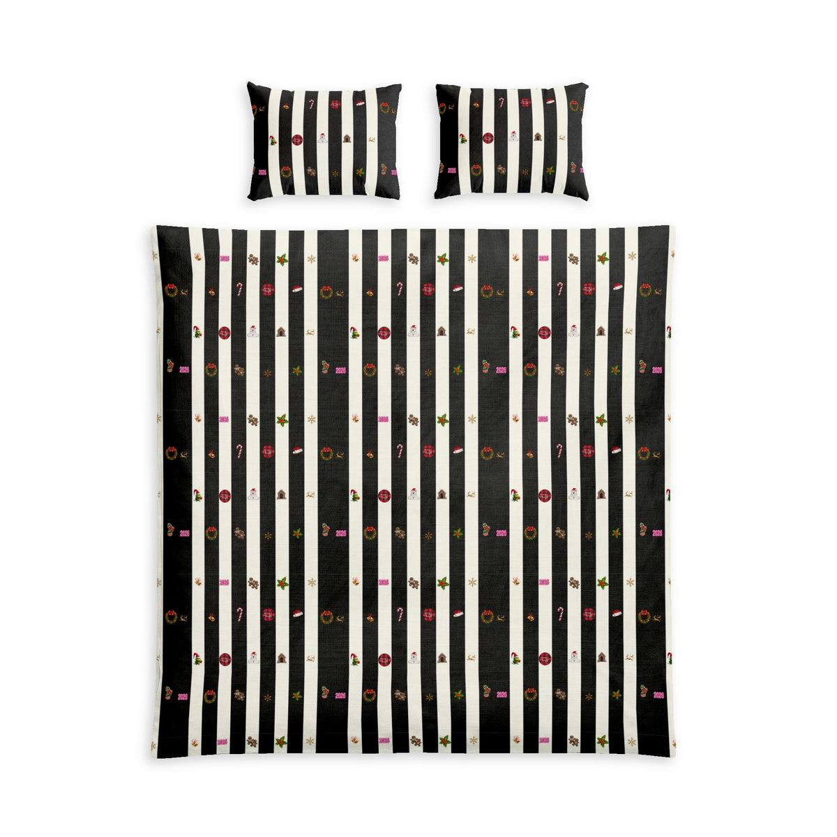 Striped Floral Cotton Bed Set – Black & White Vertical Stripe Duvet Cover with Small Rose Motif