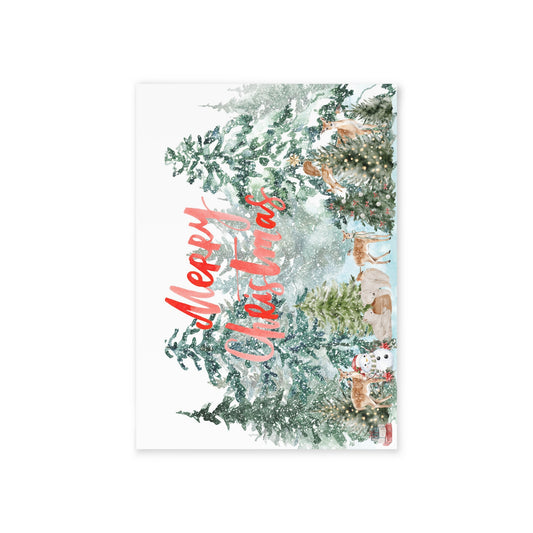 Merry Christmas Forest Scene Holiday Card — Watercolor Deer & Snow