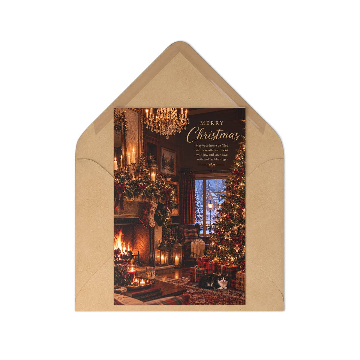 Christmas Postcards — Vintage Cozy Home Fireplace Holiday Cards with Cat (7 pcs)