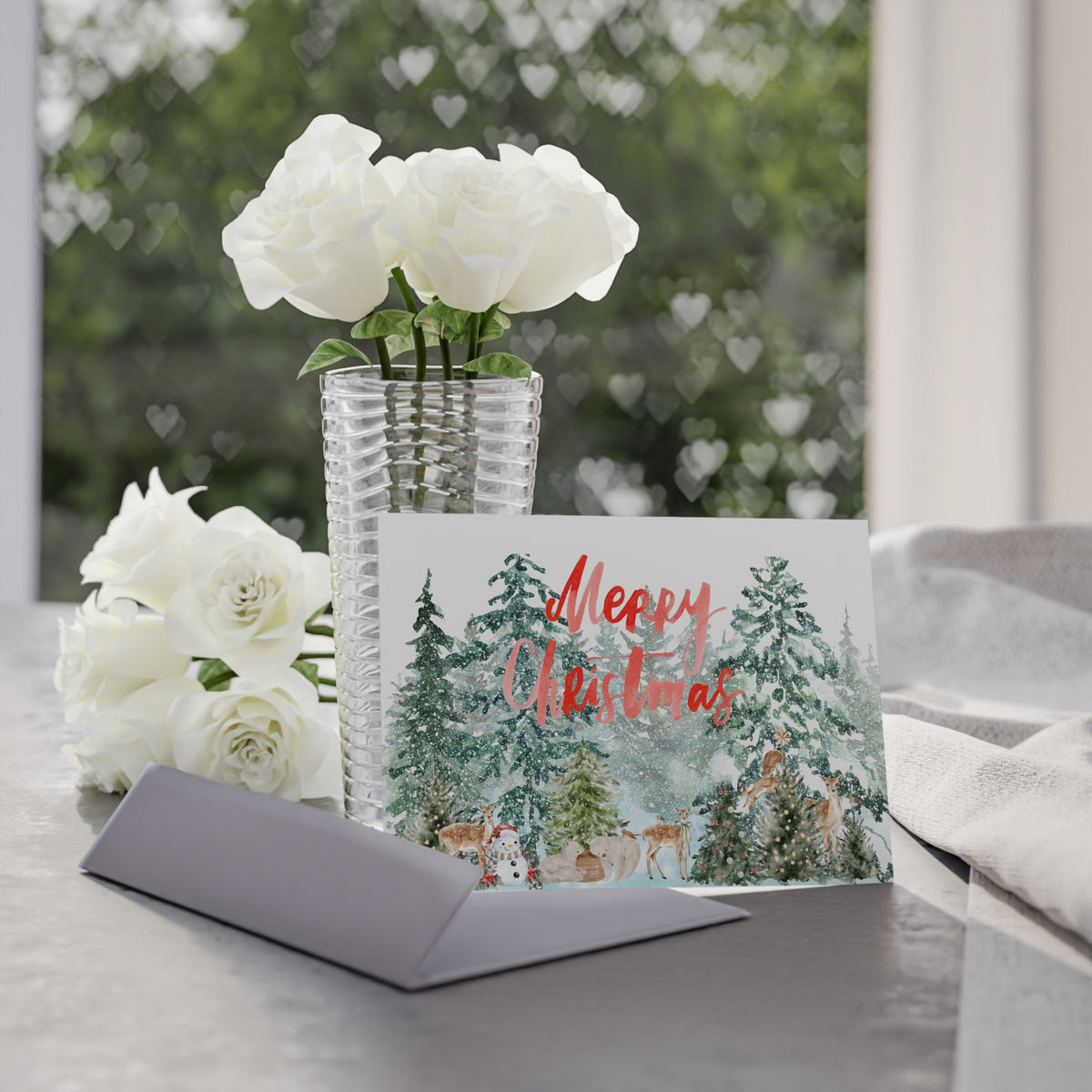 Merry Christmas Forest Scene Holiday Card — Watercolor Deer & Snow