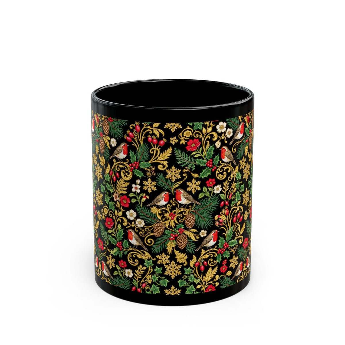 Festive Floral Robin Pattern Mug — Black Holiday Coffee Cup (11oz & 15oz)
