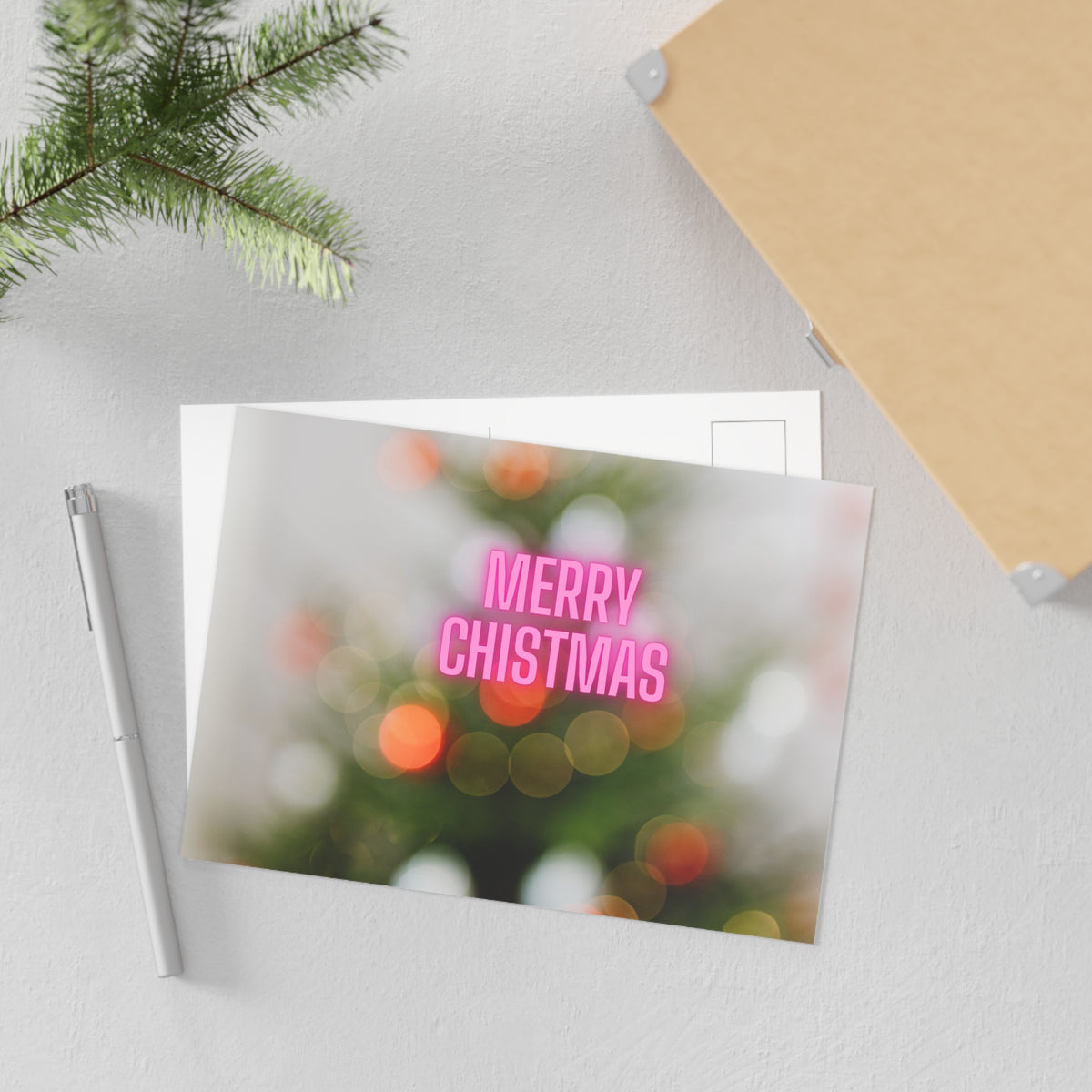 Merry Christmas Fine Art Postcard — Pink Neon Holiday Bokeh Card