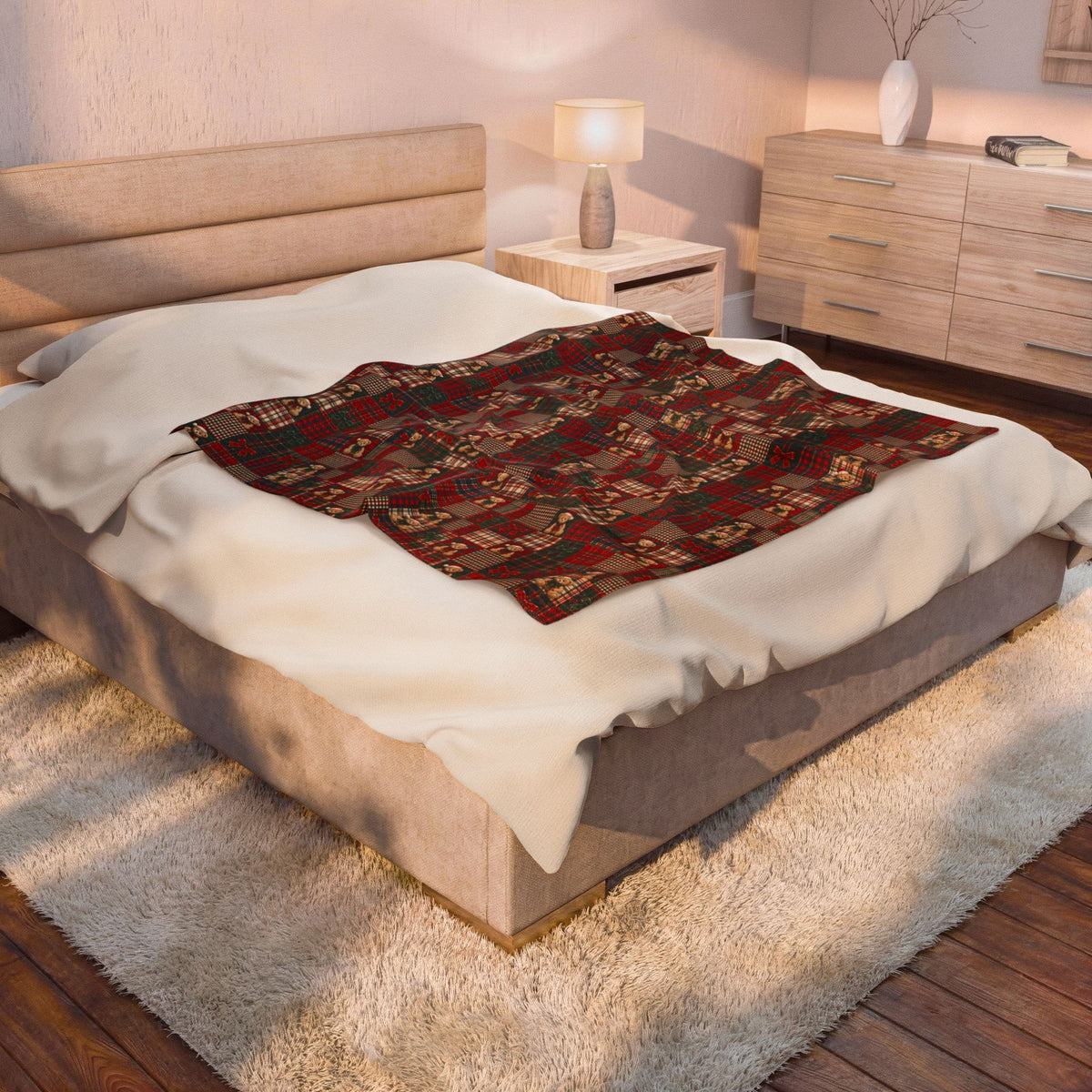 Plaid Teddy Patch Velveteen Plush Blanket — Cozy Christmas Cabin Throw