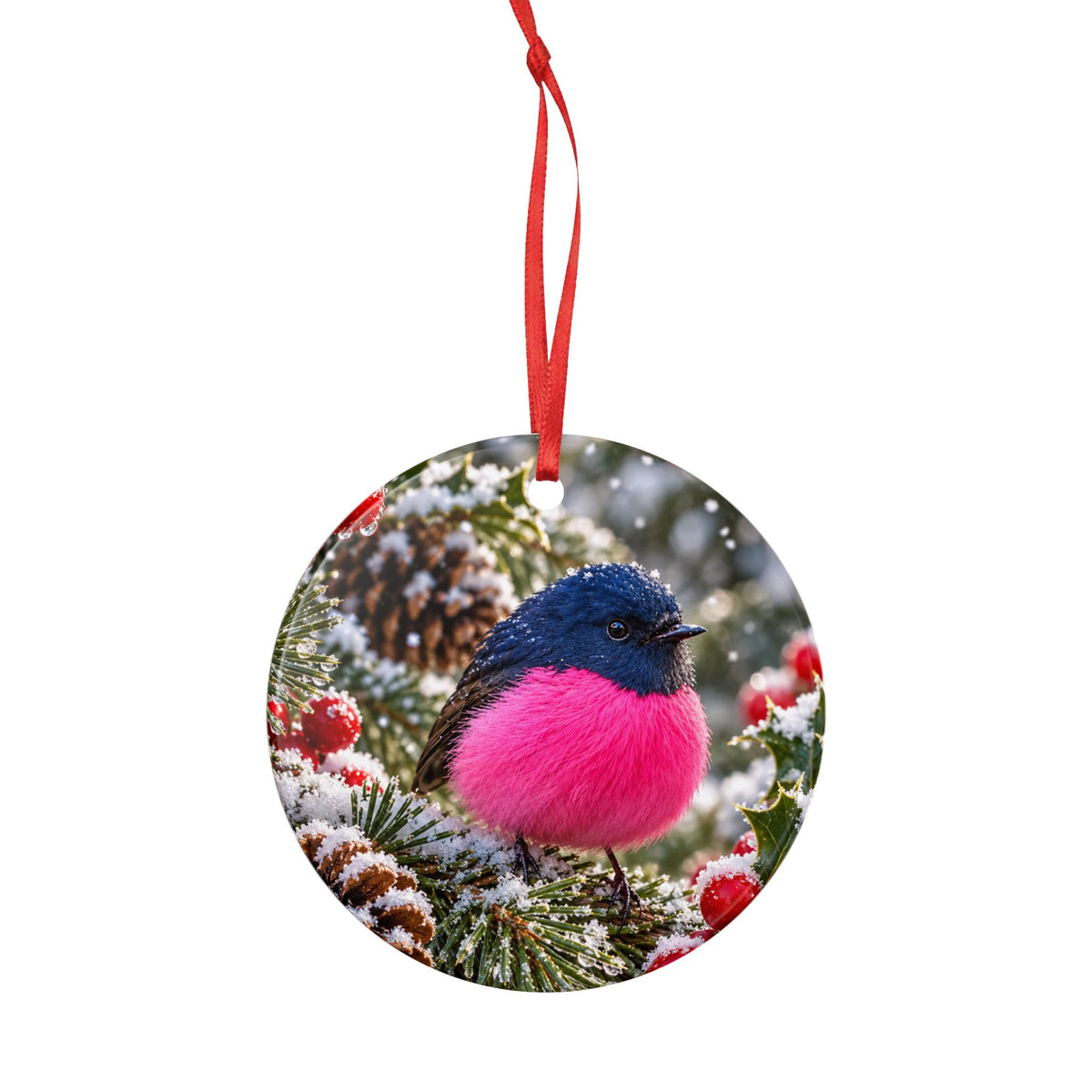 Pink-and-Blue Winter Bird Ceramic Ornament — Round Two-Sided Holiday Decoration