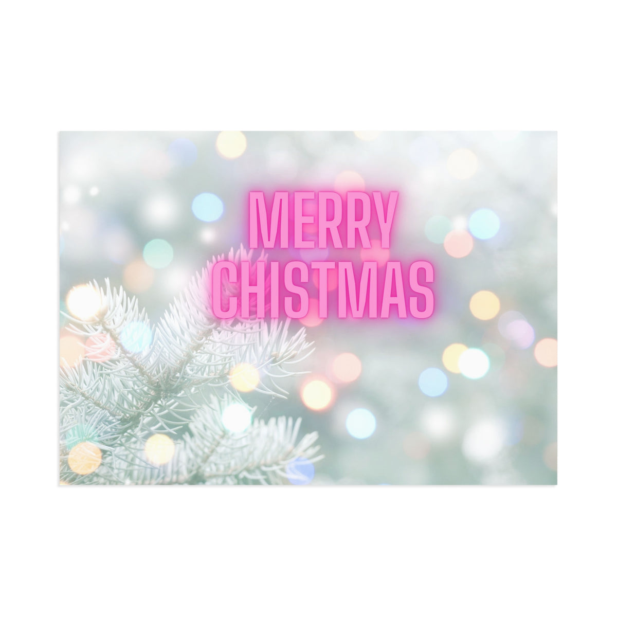 Merry Christmas Fine Art Postcard – Neon Holiday Bokeh Pine Design