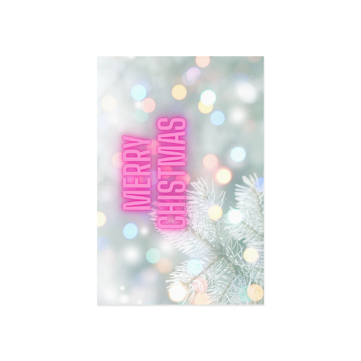 Merry Christmas Fine Art Postcard – Neon Holiday Bokeh Pine Design