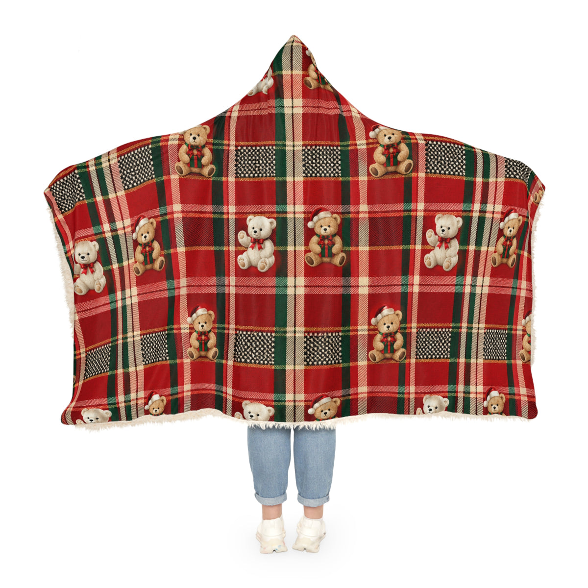 Holiday Plaid Teddy Bear Snuggle Blanket – Hooded Cozy Throw for Kids & Adults