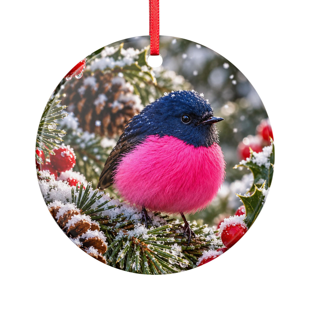 Pink-and-Blue Winter Bird Ceramic Ornament — Round Two-Sided Holiday Decoration