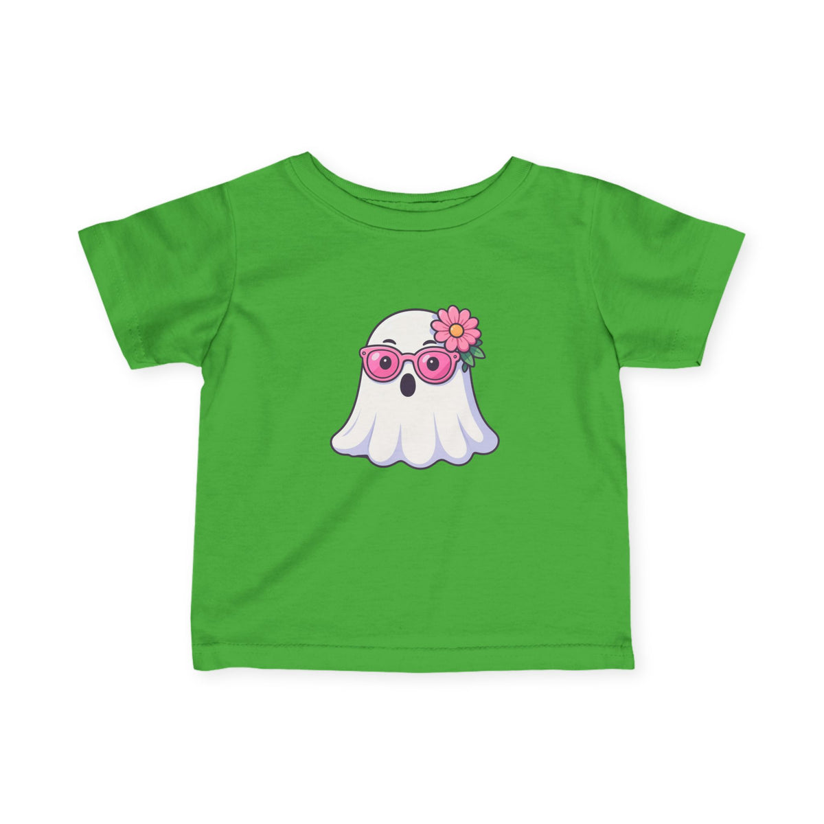 Infant Tee — Cute Ghost with Pink Sunglasses & Flower | Baby Halloween Shirt