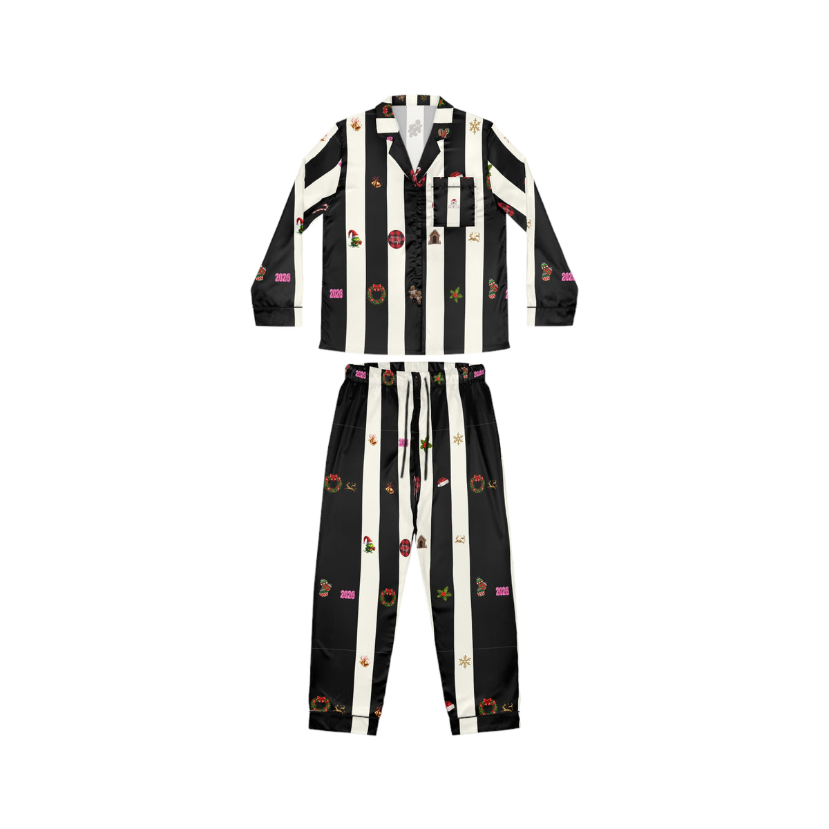 Striped Satin Pajama Set — Black & White Holiday Icons
