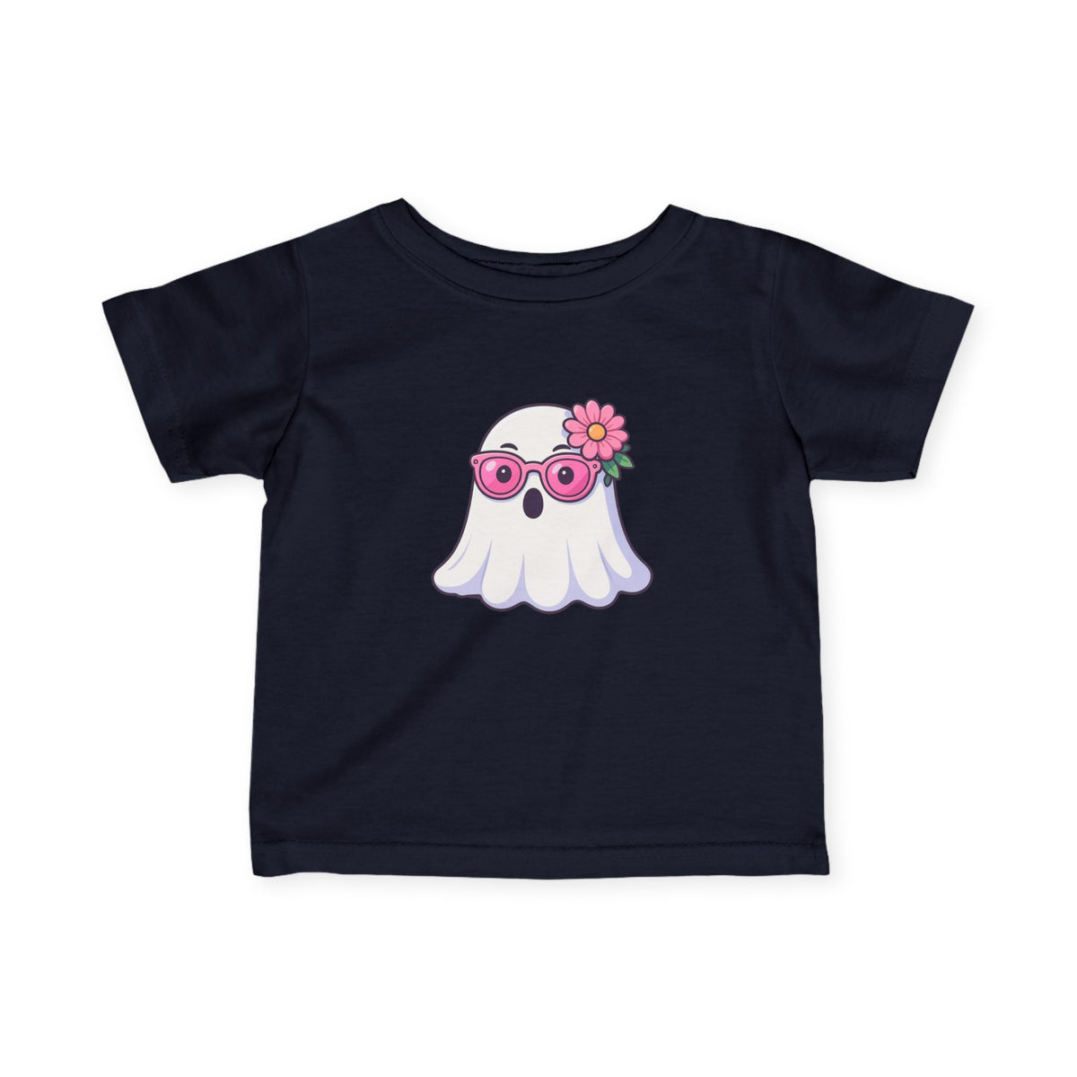 Infant Tee — Cute Ghost with Pink Sunglasses & Flower | Baby Halloween Shirt