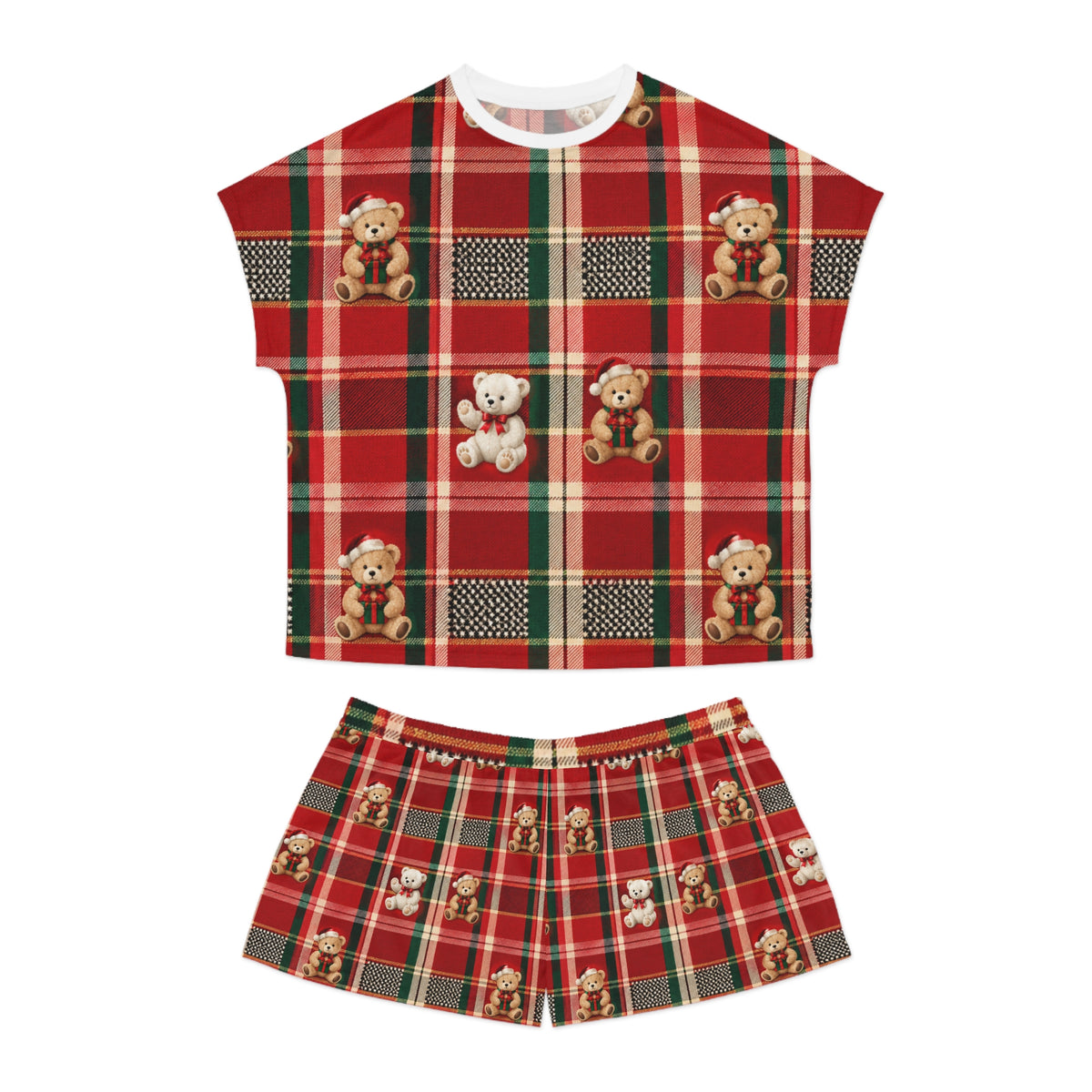 Women's Teddy Bear Plaid Pajama Set — Red Christmas Short Sleepwear