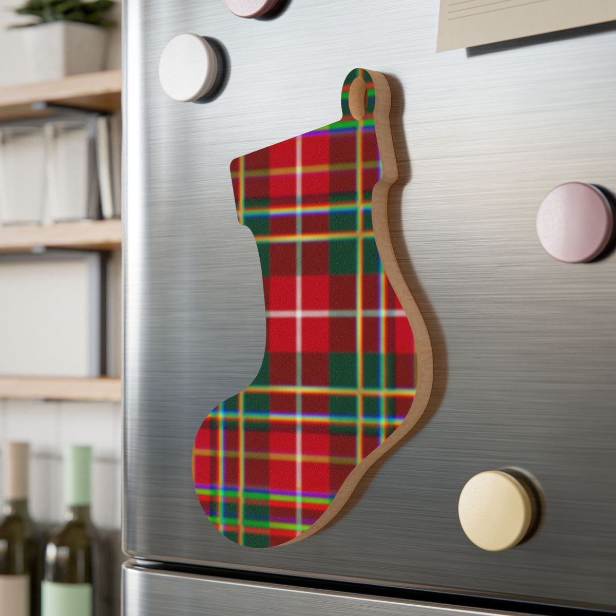 Plaid Bell Wooden Ornament — Classic Red & Green Christmas Decoration