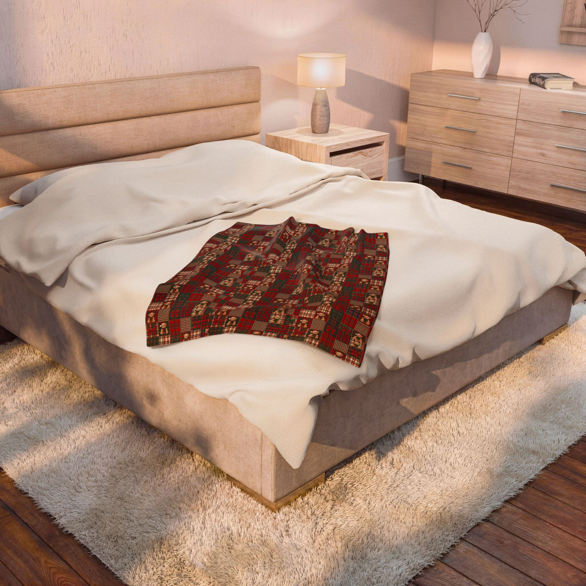 Plaid Teddy Patch Velveteen Plush Blanket — Cozy Christmas Cabin Throw