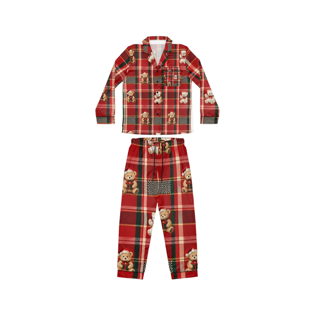Women’s Satin Pajama Set — Red Plaid Teddy Bear Christmas Sleepwear