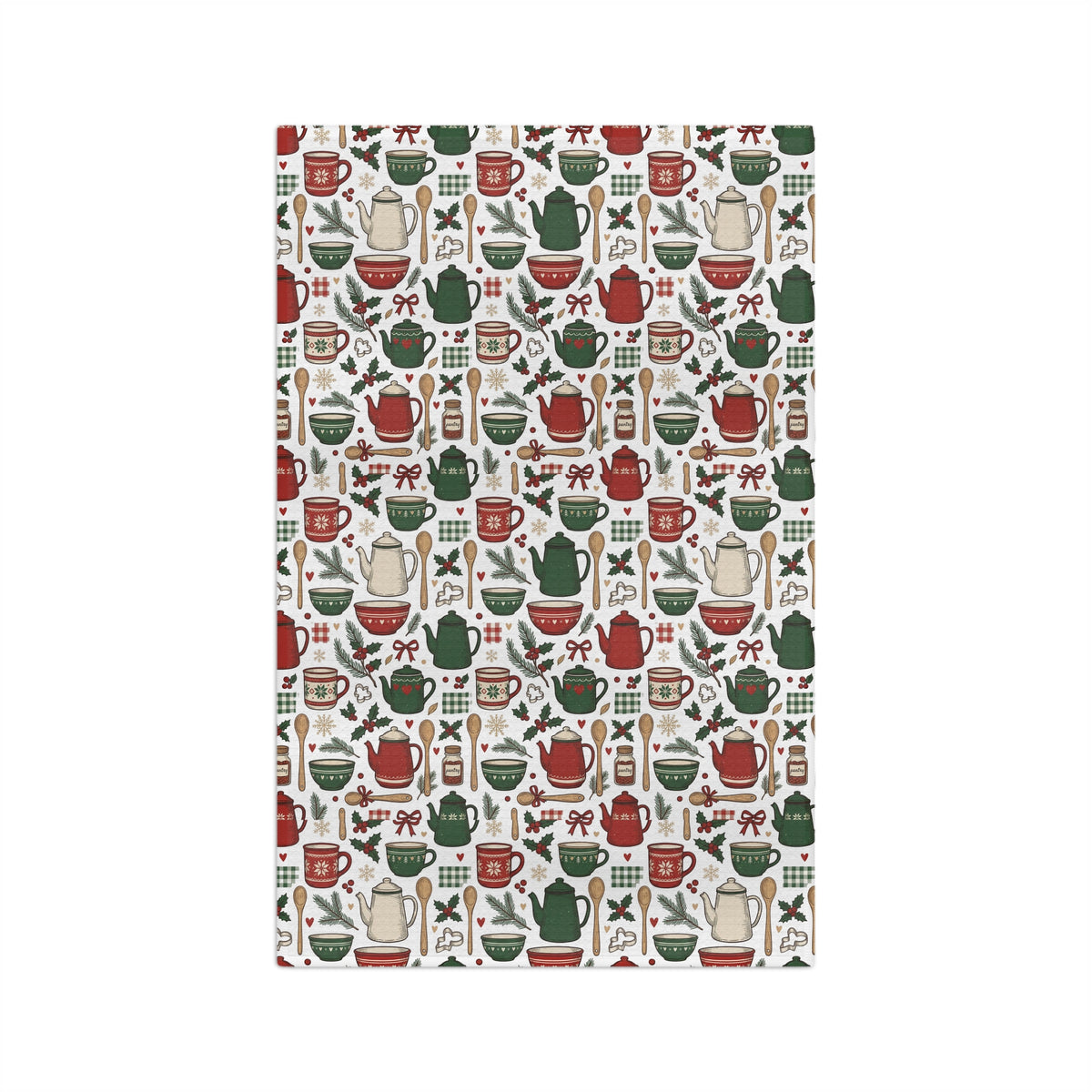 Holiday Kitchen Tea Towel — Festive Teapots & Mugs Pattern