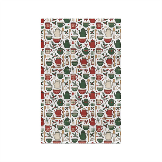 Holiday Kitchen Tea Towel — Festive Teapots & Mugs Pattern