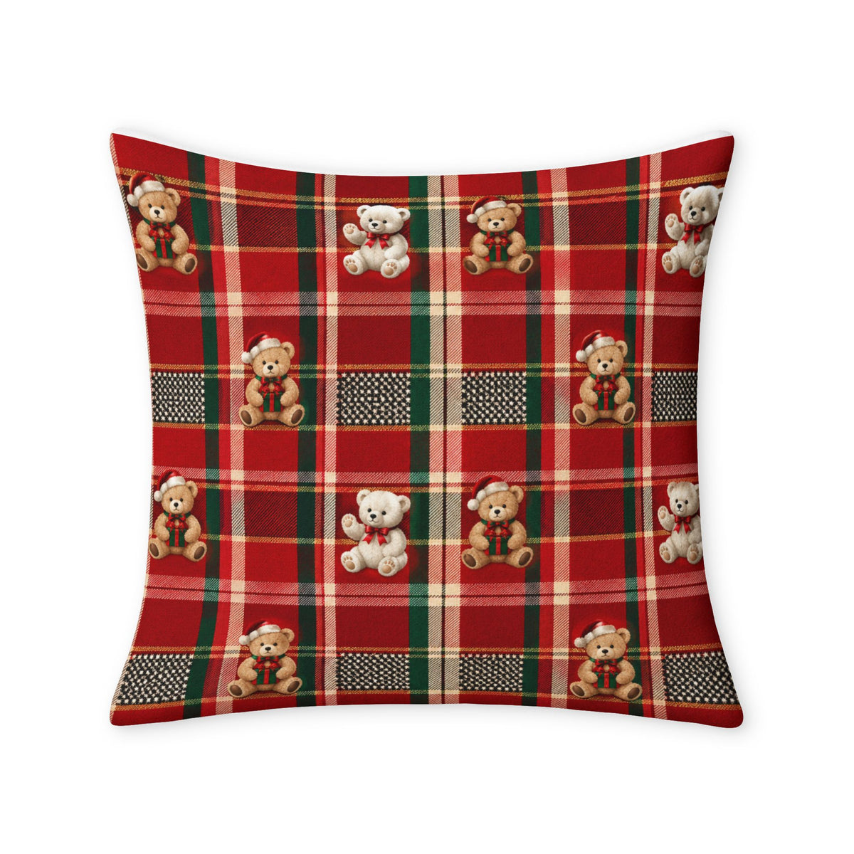 Holiday Teddy Plaid Throw Pillow Case