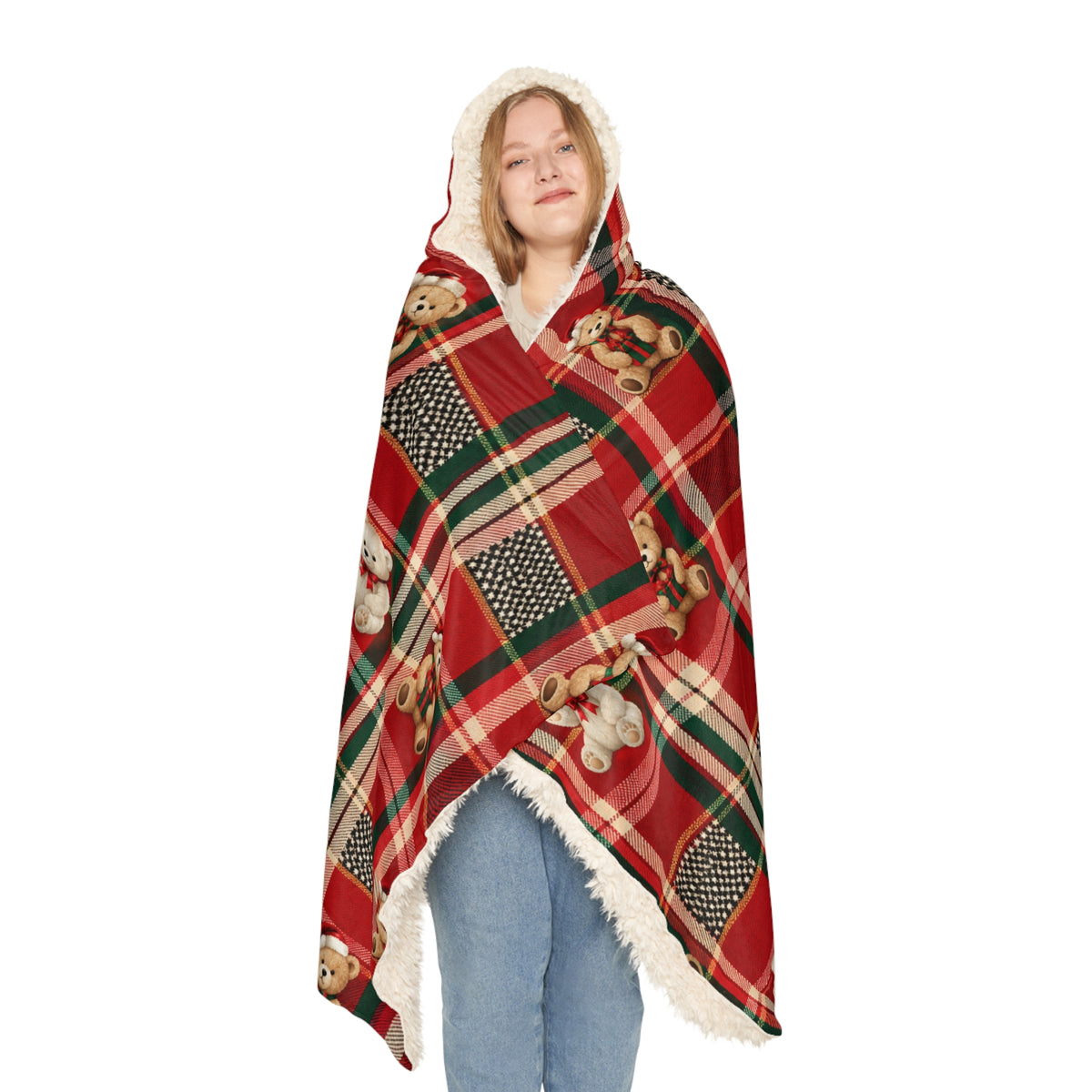 Holiday Plaid Teddy Bear Snuggle Blanket – Hooded Cozy Throw for Kids & Adults