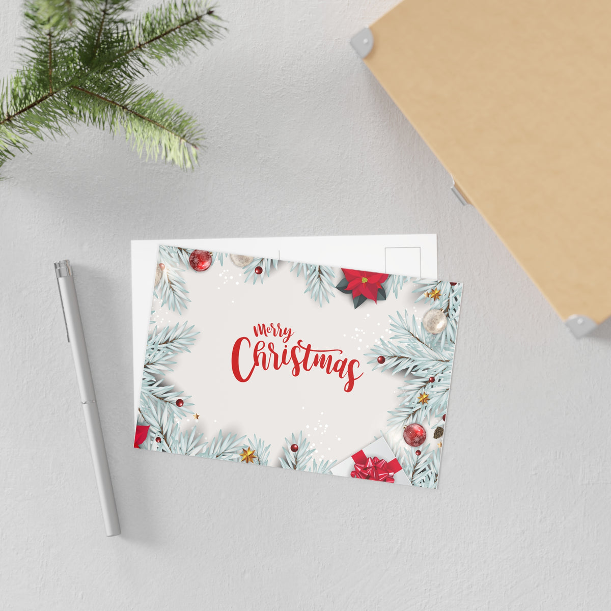 Merry Christmas Fine Art Postcard — Festive Poinsettia & Pine Holiday Card