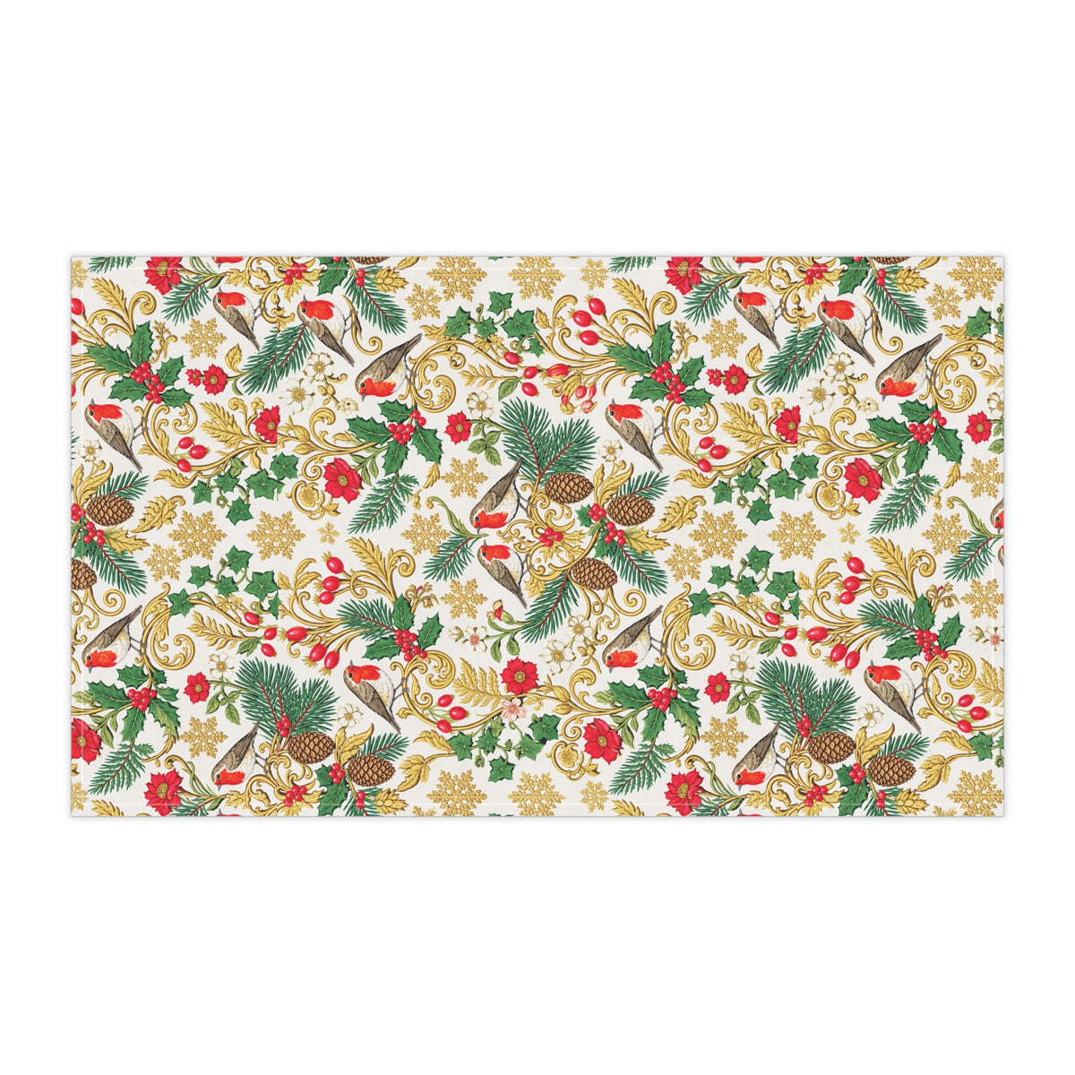 Holiday Botanical Tea Towel — Festive Cardinals, Pine & Gold Floral Kitchen Towel