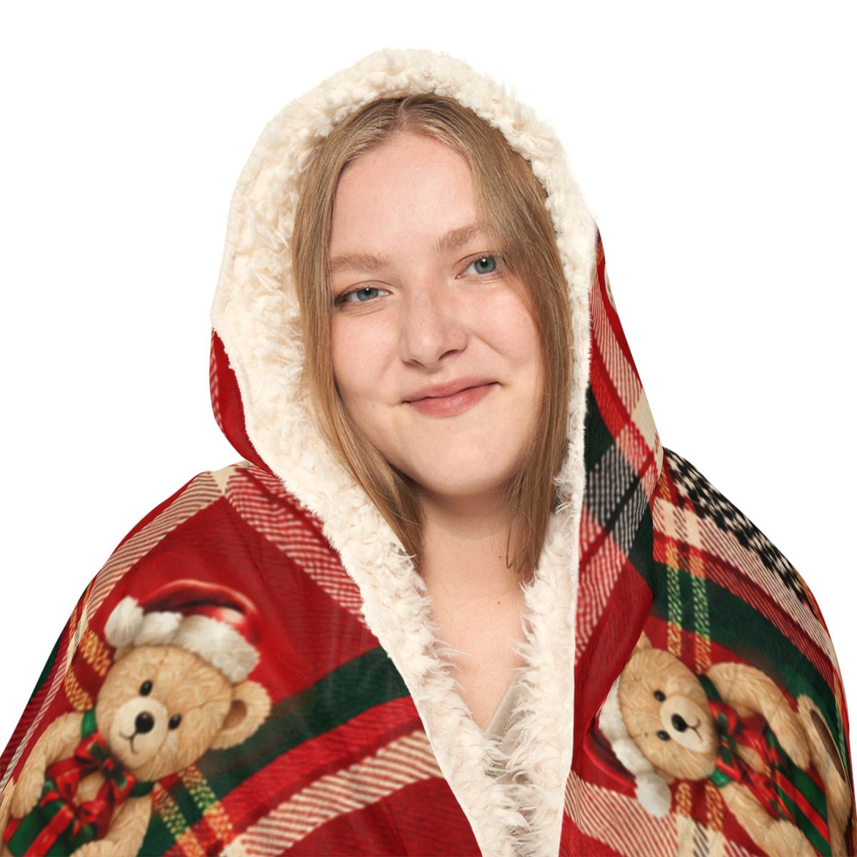 Holiday Plaid Teddy Bear Snuggle Blanket – Hooded Cozy Throw for Kids & Adults