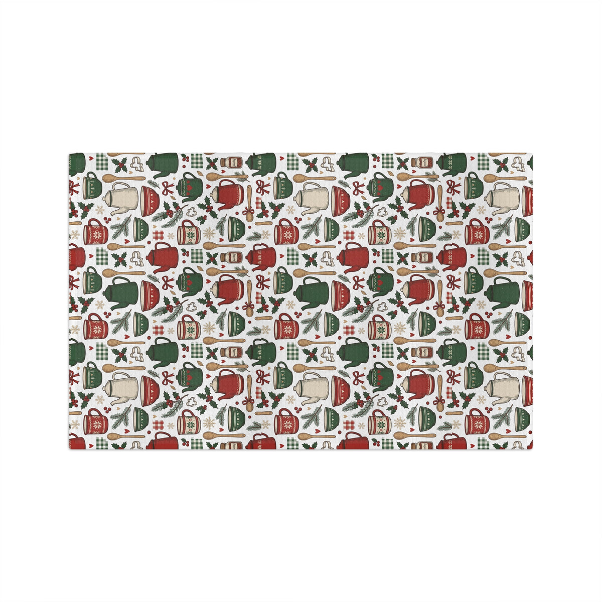 Holiday Kitchen Tea Towel — Festive Teapots & Mugs Pattern