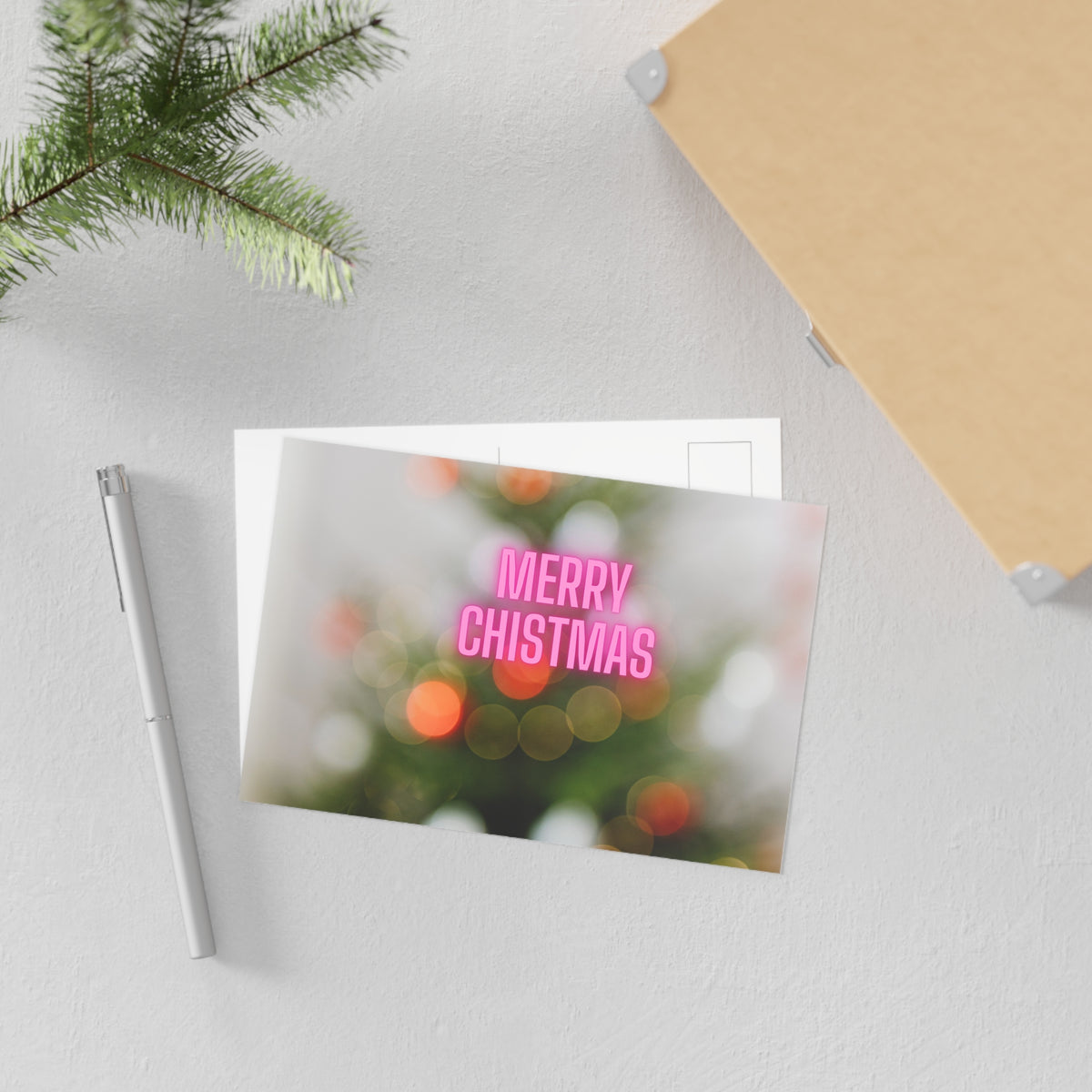 Merry Christmas Fine Art Postcard — Pink Neon Holiday Bokeh Card