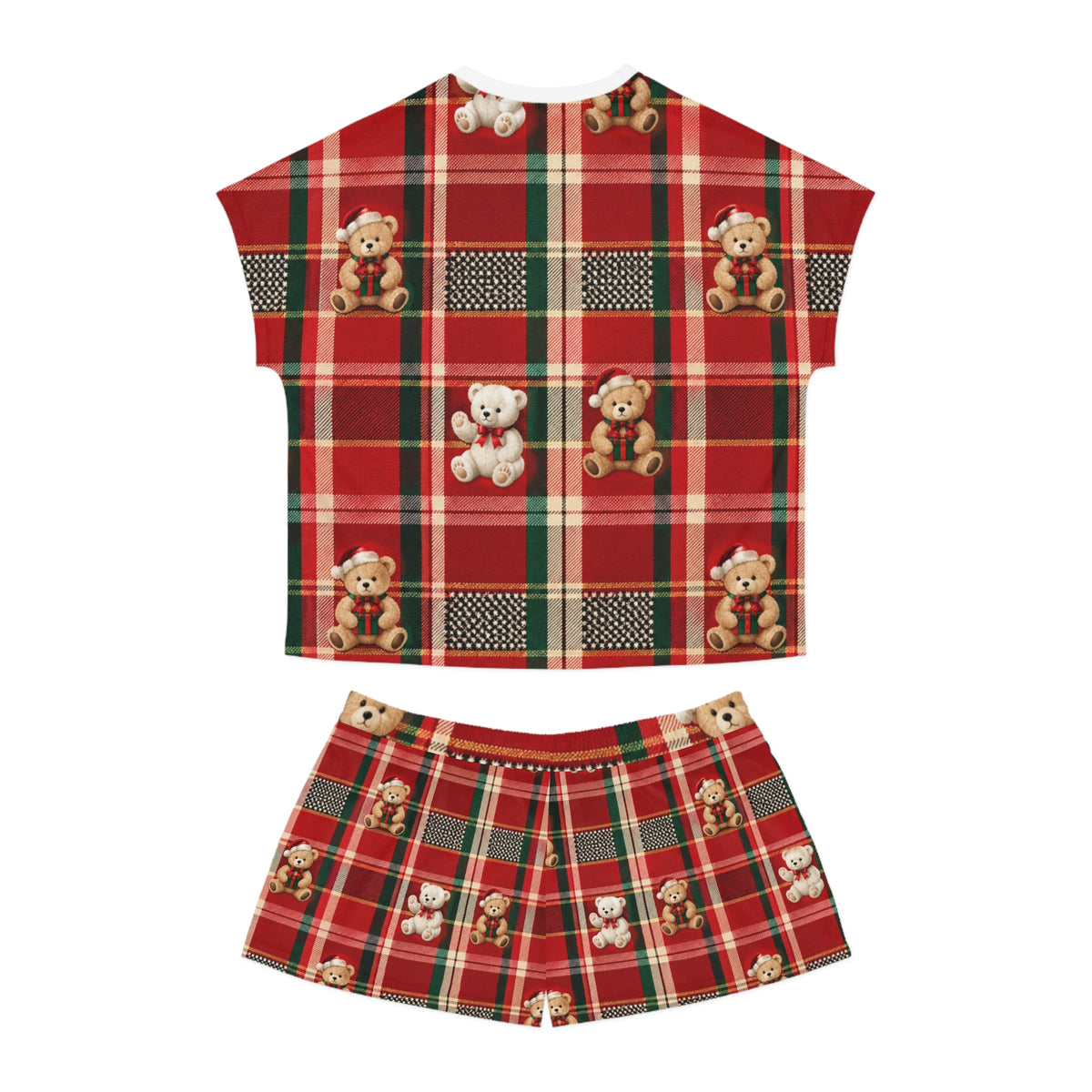 Women's Teddy Bear Plaid Pajama Set — Red Christmas Short Sleepwear