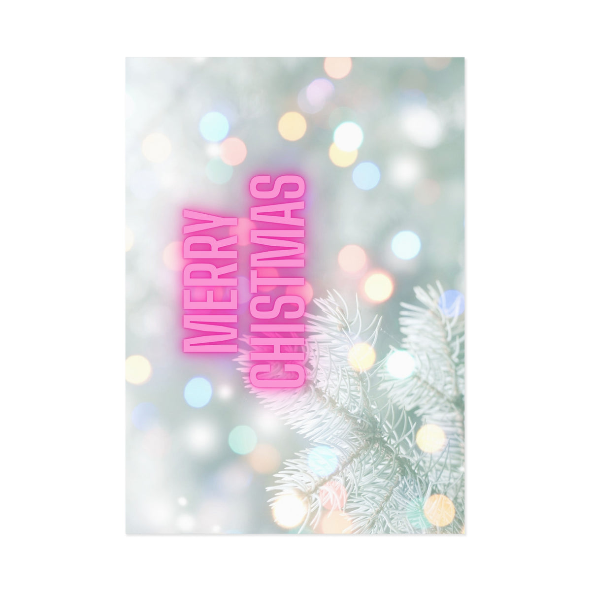 Merry Christmas Fine Art Postcard – Neon Holiday Bokeh Pine Design