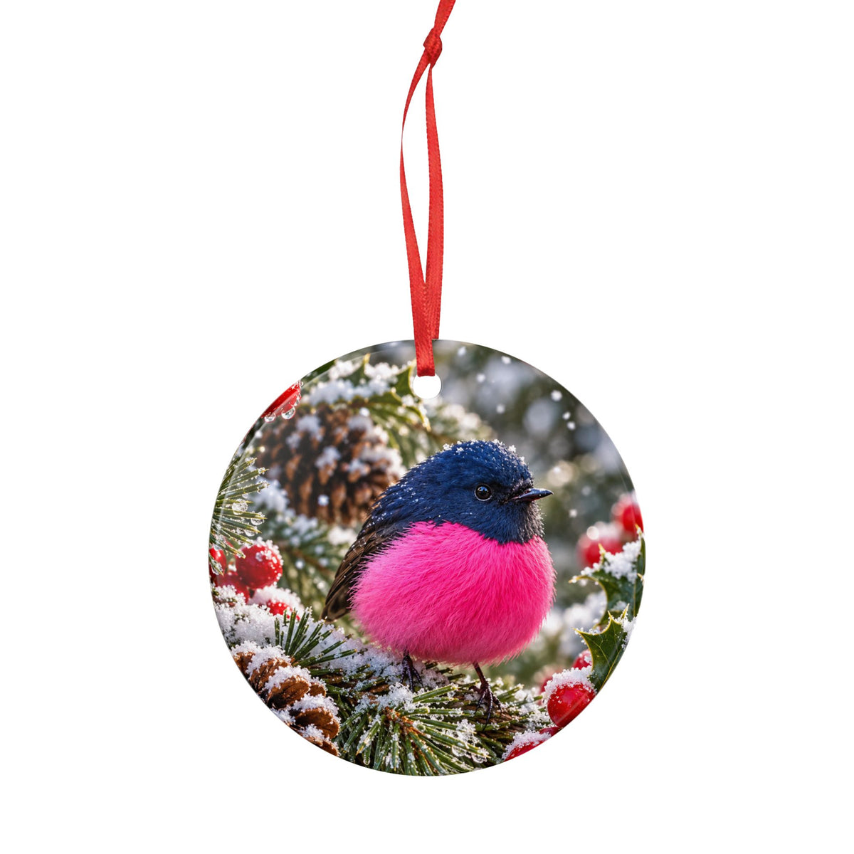 Pink-and-Blue Winter Bird Ceramic Ornament — Round Two-Sided Holiday Decoration