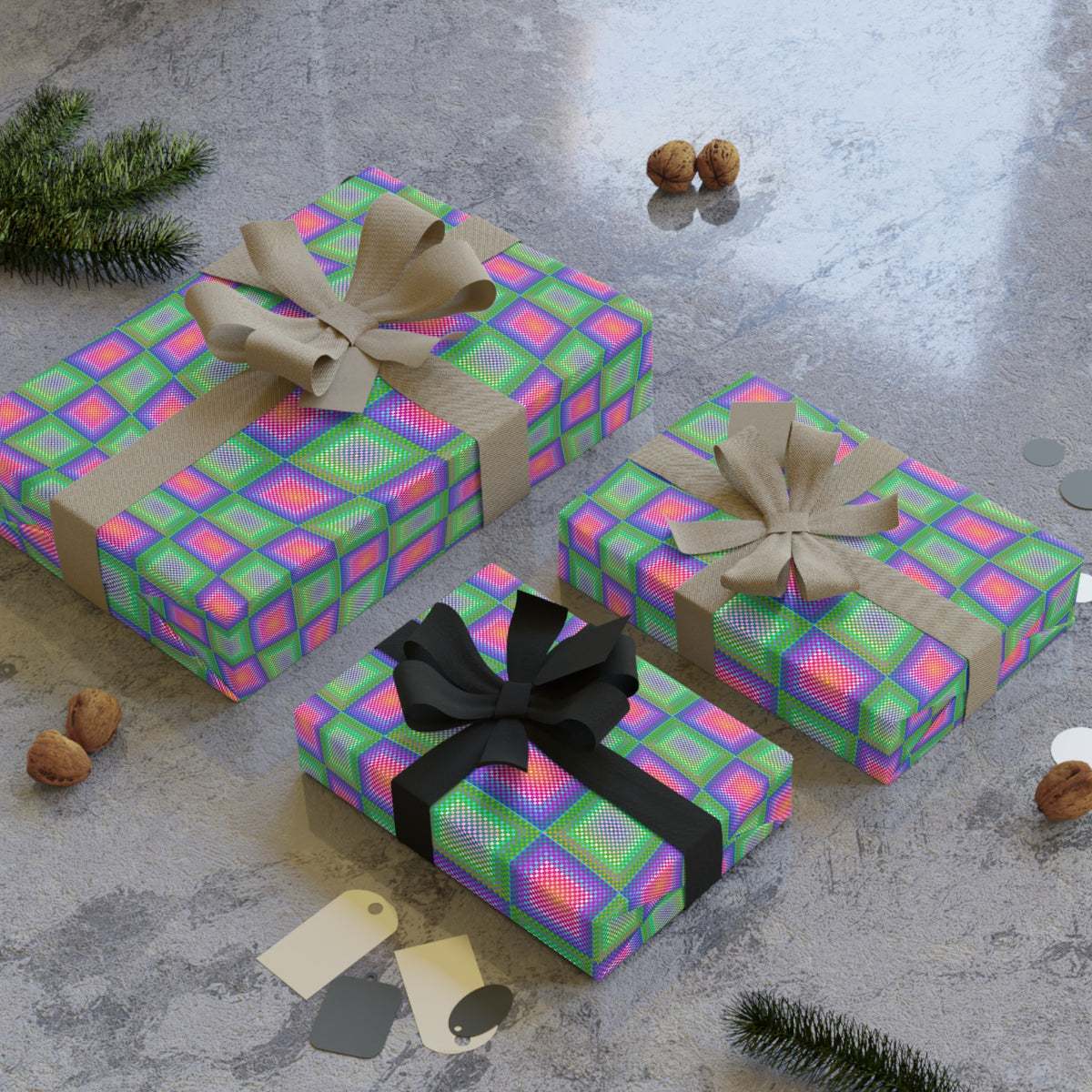 Christmas Op-art  Psychedelic Geometric Gift Wrap Roll — Vibrant Pink & Green Squares Checkered