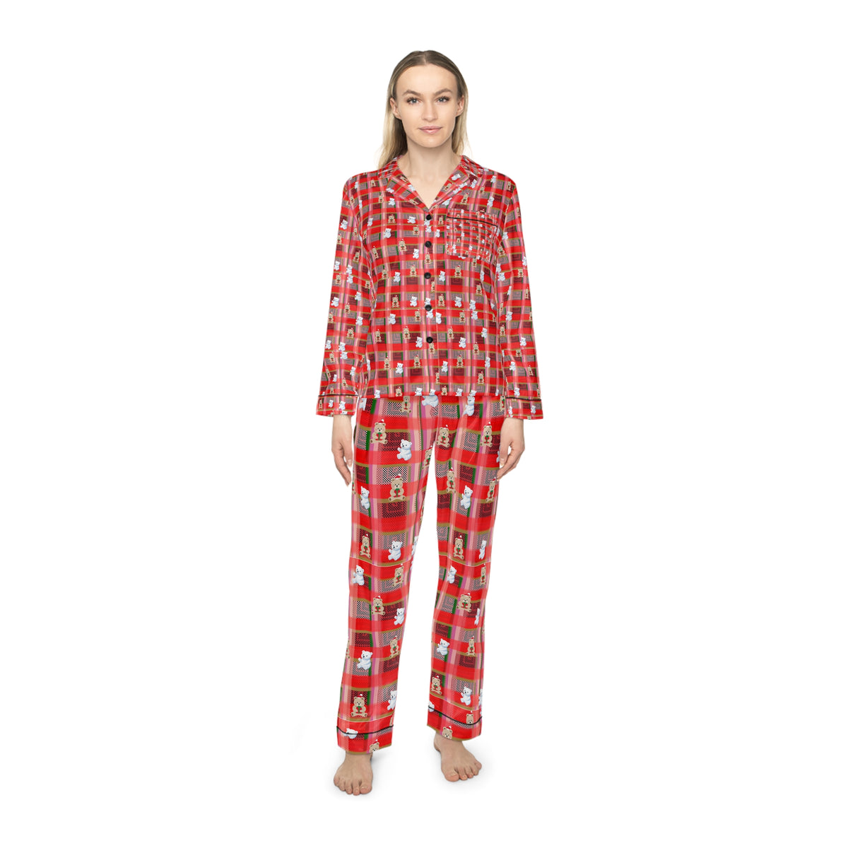 Women's Satin Christmas Plaid Pajama Set – Red Holiday Sleepwear with Santa Pattern