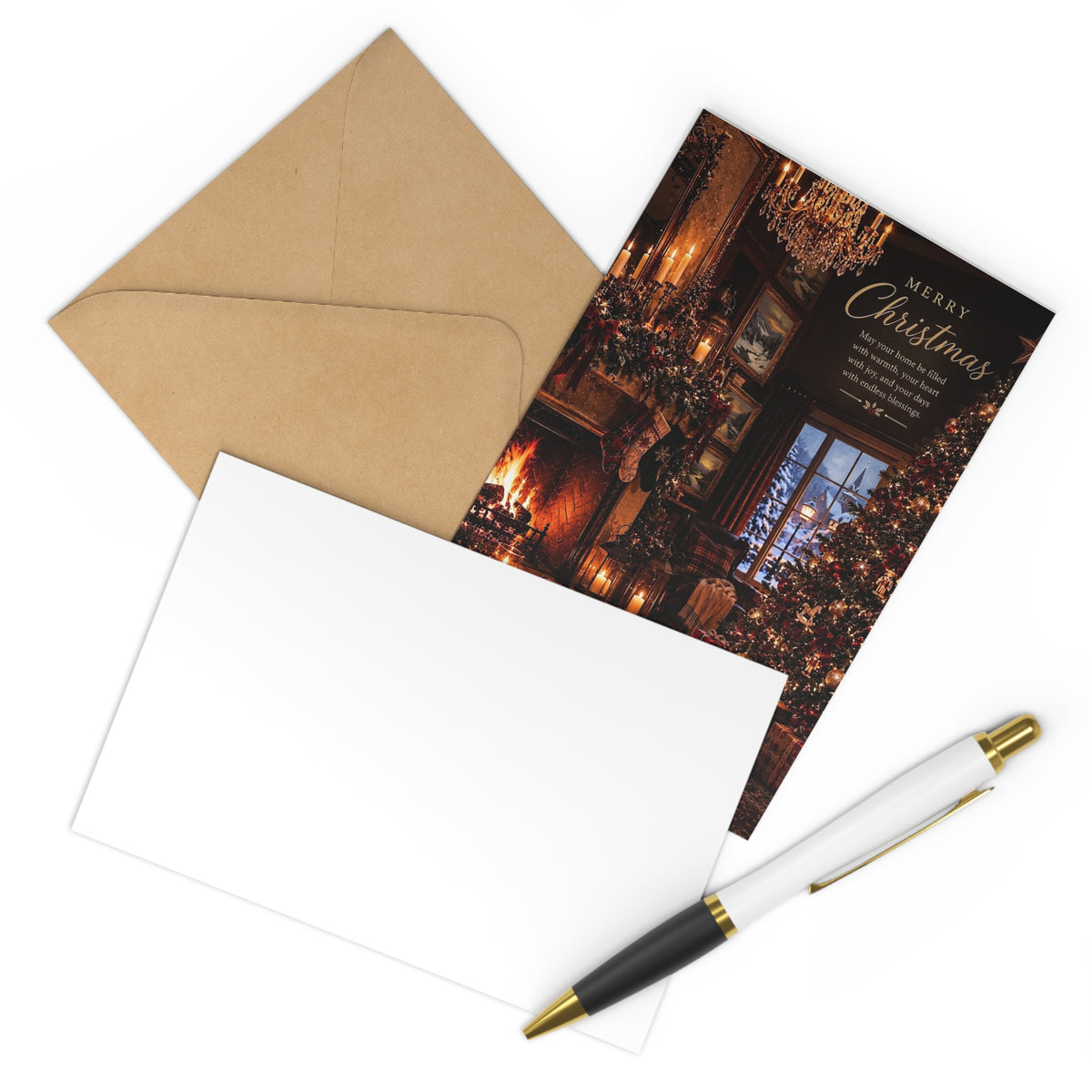 Christmas Postcards - Puppies at home with Cozy Fireplace & Tree Holiday Greeting Cards (7 Pack)