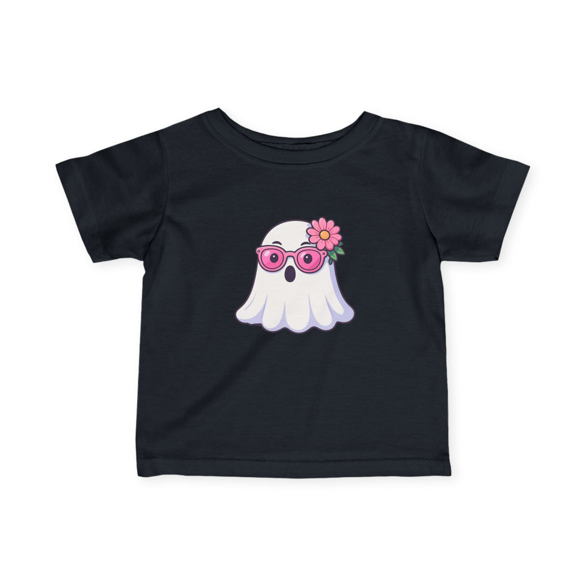 Infant Tee — Cute Ghost with Pink Sunglasses & Flower | Baby Halloween Shirt