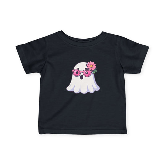 Infant Tee — Cute Ghost with Pink Sunglasses & Flower | Baby Halloween Shirt