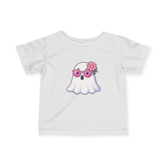 Infant Tee — Cute Ghost with Pink Sunglasses & Flower | Baby Halloween Shirt
