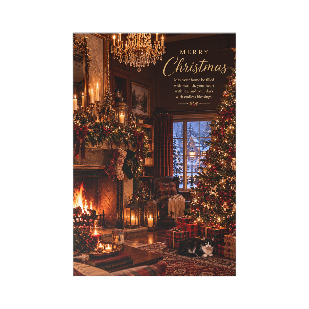 Christmas Postcards — Vintage Cozy Home Fireplace Holiday Cards with Cat (7 pcs)