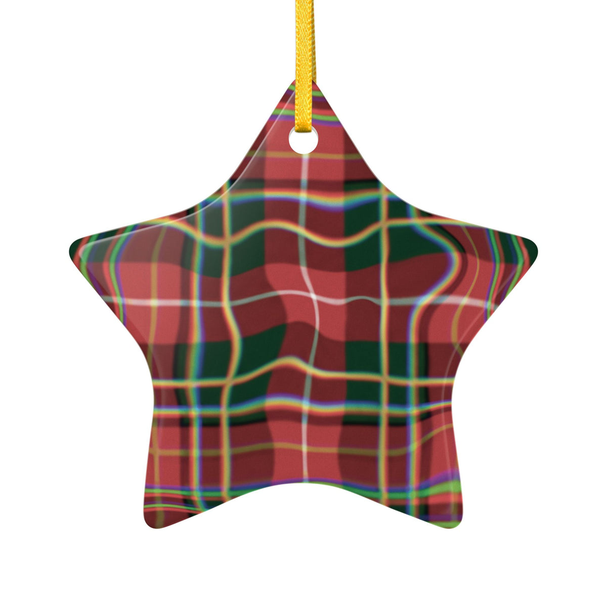Red Green Plaid Star Ceramic Ornament — Classic Holiday Tartan Decoration