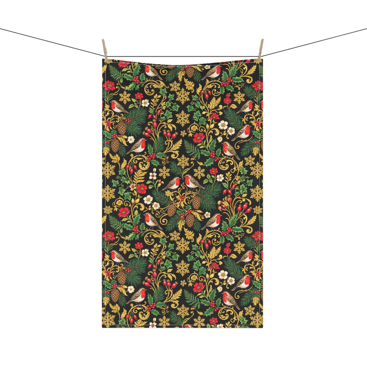 Festive Robin & Pine Holiday Tea Towel