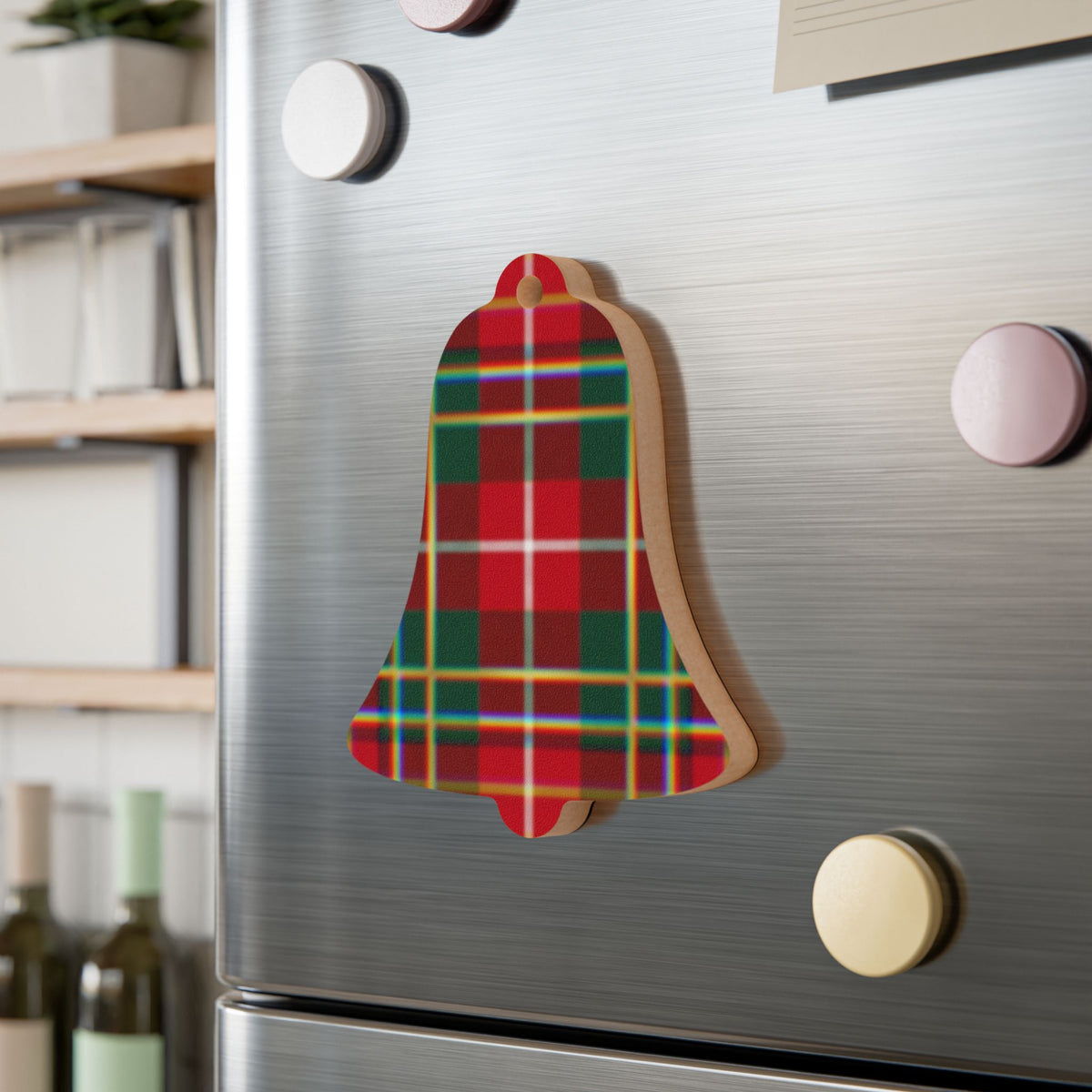 Plaid Bell Wooden Ornament — Classic Red & Green Christmas Decoration